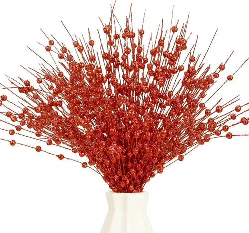 Vista 9 de 12 piezas de bayas artificiales con purpurina rosa, púas artificiales de Navidad con tallos de bayas para decoraciones de Navidad, palos falsos