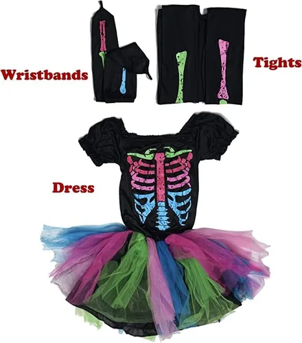 Vista 7 de EraSpooky Disfraz de esqueleto de Halloween para niña, falda tutú, cosplay aterrador