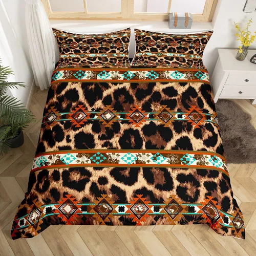Vista 30 de Erosebridal Funda de edredón de piel de vaca marrón con estampado de vaca de las tierras altas, juego de ropa de cama occidental exótico azteca