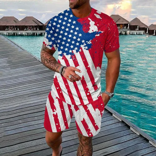 Vista 2 de Traje deportivo casual para hombre 2023 con bandera estadounidense, conjunto de 2 piezas para el 4 de julio, conjunto de camiseta y pantalones