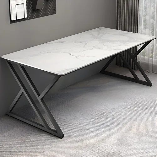 Vista 4 de LITFAD Modern Sintered Stone Office Desk, Rectangular Writing Work Table with X-Shaped Metal Frame, Scratch Resistant Computer Desk for Home Office