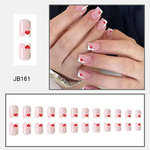 Vista 3 de Uñas postizas cuadradas cortas a presión para el día de San Valentín, uñas blancas francesas con pegamento, uñas postizas con diseño de corazón