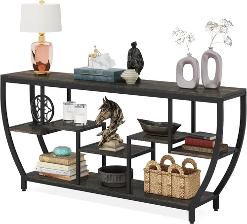 Vista 8 de Tribesigns Mesa de sofá de 70.9 pulgadas de largo con estantes, mesa consola rústica con almacenamiento, mesa de entrada industrial, soporte de TV
