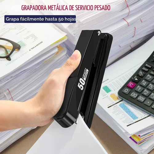 Vista 3 de Engrapadora de metal resistente con capacidad de 50 hojas con 1750 grapas y removedor de grapas, grapadoras de tira completa para escritorio, sin