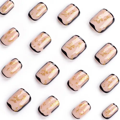 Vista 3 de Uñas postizas francesas con punta negra y borde corto, uñas falsas con diseños de hoja de oro, uñas de acrílico artificiales de cobertura completa