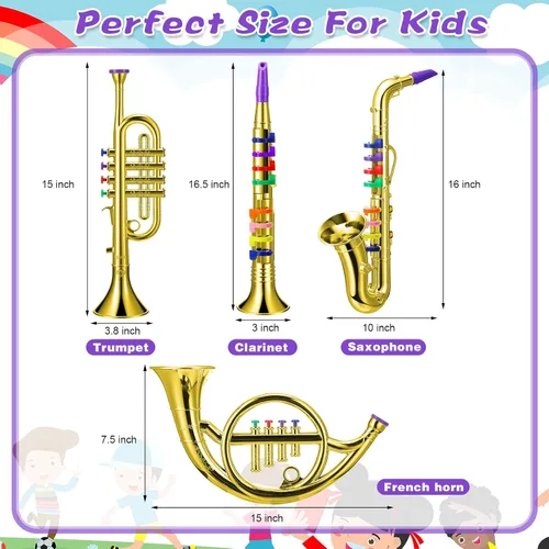 Vista 2 de Treela Juego de 4 instrumentos musicales para niños, clarinete de juguete saxofón, trompeta y trompeta para principiantes con más de 10 teclas