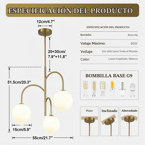 Vista 2 de Candelabro de globo de vidrio de leche de 3 luces, moderno de 1-oro+blanco