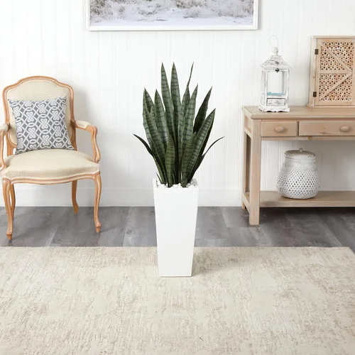 Vista 2 de Nearly Natural Sansevieria - Maceta artificial de seda blanca de 4 pies, color verde