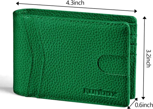 Vista 3 de RUNBOX Cartera para hombres Slim Rfid Leather 2 ID Window con caja de regalo, verde (New Litchi-Green), Minimalista