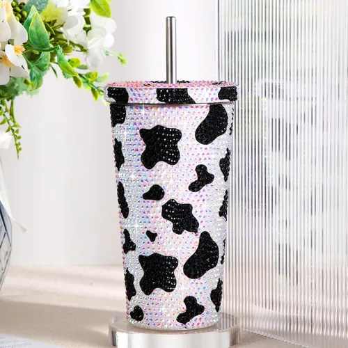 Vista 4 de Yaomiao Botella de agua con estampado de vaca, vaso de diamantes de imitación para mujer, botella de agua de vaca con purpurina de 17 onzas