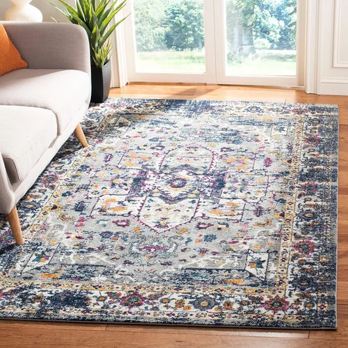 Vista 24 de SAFAVIEH Evoke Collection EVK275C Medallón oriental envejecido, no desprende pelusa, 2'2" x 4', color azul/naranja, alfombra de acento para sala