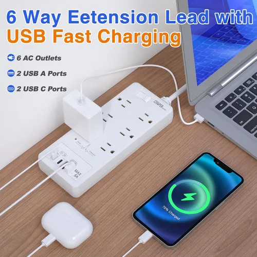 Vista 2 de Regleta protectora de sobretensiones, cable de extensión con 6 salidas (1875 W/15 A) y 2 puertos USB A+2USB C, certificación ETL, montaje en pared