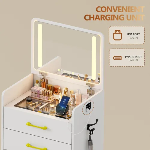 Vista 2 de Escritorio de tocador 3 en 1 con espejo abatible y luces, mesa de tocador de maquillaje con parte superior de vidrio con estación de carga, tocador