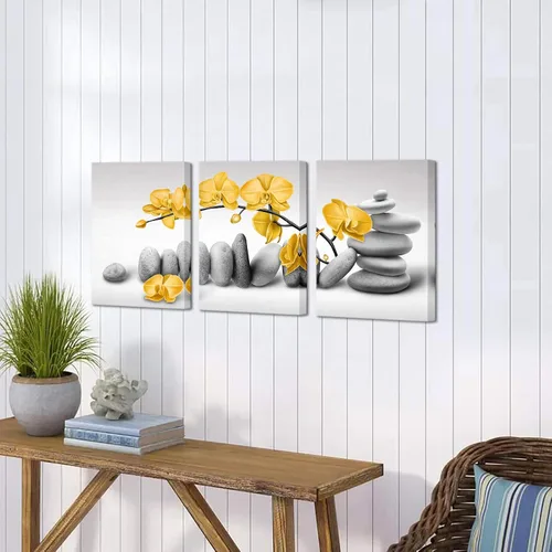 Vista 2 de Artmyharbor Arte de pared de orquídea zen, imágenes de flores amarillas, para baño, piedra gris, para sala de meditación de spa, 12 x 16 pulgadas