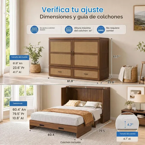 Vista 3 de Mjkone Murphy - Cama de gabinete con colchón de tres pliegues, Queen, nogal negro