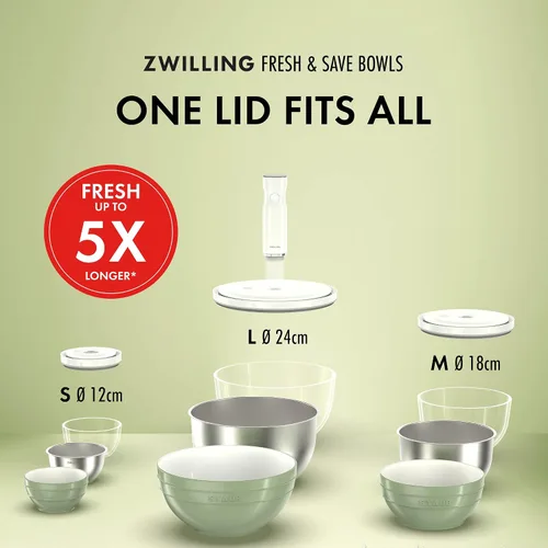 Vista 8 de ZWILLING Fresh & Save Bowls - Juego de 3 cuencos al vacío de acero inoxidable, recipientes herméticos para almacenamiento de alimentos