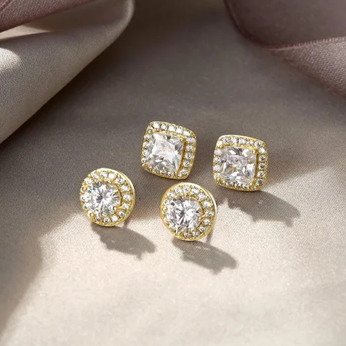 Vista 5 de EVER FAITH Aretes de tuerca de boda para mujer, color blanco brillante con corte cuadrado redondo y circonita cúbica para novia (2 pares), Circonita