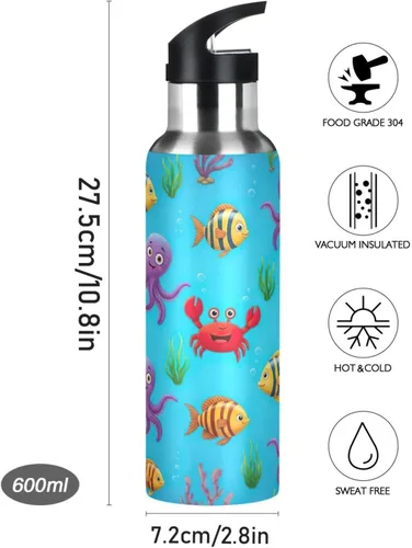 Vista 9 de Stainless Steel Water Bottle 20 Oz, Leakproof Water Bottles for Gym Outdoor Travel School, Cute Colorful Cartoon Fish