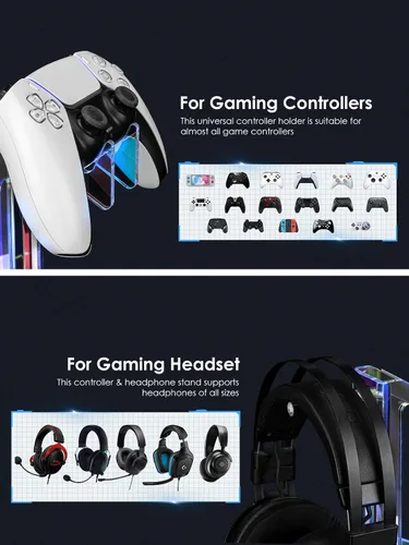 Vista 5 de OAPRIRE Headset and Controller Stand with Lights, 2 Tier Acrylic Game Controller Holder, Controller and Headset Stand for Desktop,Universal Design