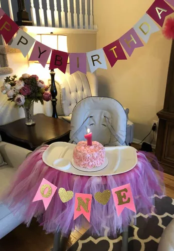 Vista 4 de Tutú de bebé para el primer cumpleaños para decoración de silla alta y banderín "ONE" Happy Birthday para silla alta Rosa Uno