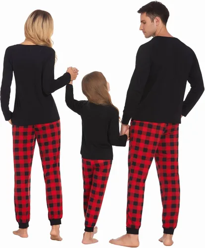Vista 3 de Ekouaer Pijamas a juego para la familia, ropa de dormir de Navidad de manga larga con pantalones a cuadros, conjunto de pijamas suaves S-XXL