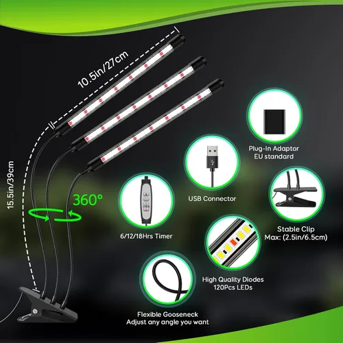 Vista 6 de SDOVUERC - Lámpara de cultivo con clip de tres cabezas para plantas de interior, espectro completo con temporizador de 6/12/18H, 5 niveles