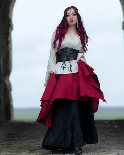Vista 6 de CR ROLECOS Disfraz renacentista para mujer, vestido medieval de campesina, manga de trompeta victoriana, camisa y falda para feria renacentista