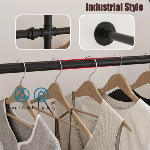 Vista 4 de Perchero Industrial de Tubería para Ropa de Montaje en Pared, Perchero Negro de Tubería para Ropa con 6 Varillas para Colgar, Perchero de Tubería
