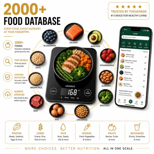 Vista 3 de URAMAZ Báscula de alimentos con calculadora nutricional, báscula digital de alimentos para báscula de cocina gramos y onzas, báscula inteligente