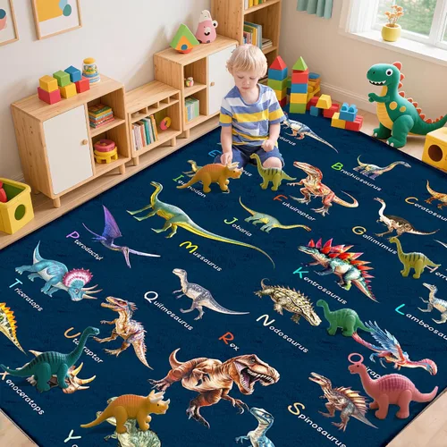 Vista 10 de Alfombra de 4 x 6 pies con dinosaurios para niños, alfombra educativa del ABC para sala de juegos, alfombras de juego para habitación de niños