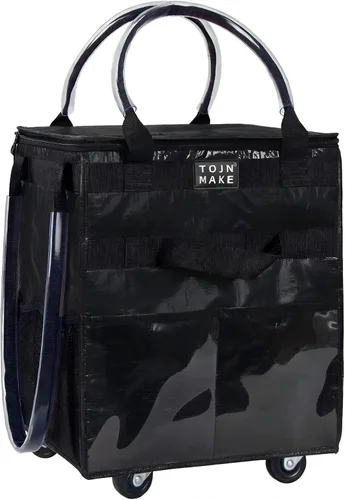 Vista 22 de Bolsa de comestibles reutilizable sobre ruedas, carrito de compras con 8 bolsillos y cubierta con cremallera, bolsa plegable con ruedas, asas