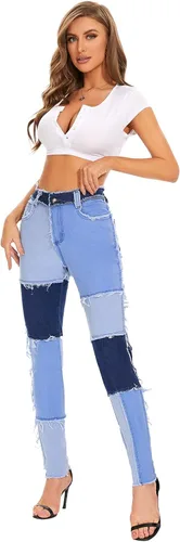Vista 5 de Dxyufazhe Jeans elásticos de cintura alta para mujer, pantalones de mezclilla deshilachados a la moda