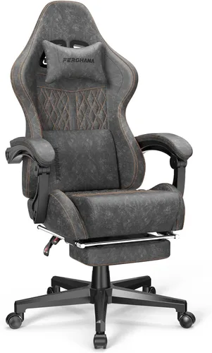 Vista 11 de Ferghana Silla vintage de piel sintética para videojuegos, silla de jugador con respaldo alto con masaje, silla ergonómica de oficina para Negro