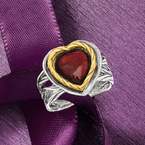 Vista 5 de Ross-Simons Anillo de corazón granate de 4 quilates en plata de ley y oro amarillo de 14 quilates