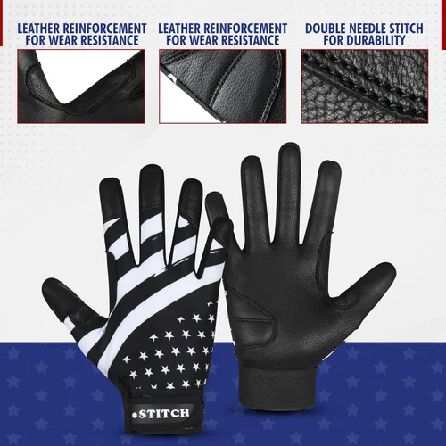 Vista 3 de Guantes de bateo Dot Stitch con bandera de EE. UU. para béisbol y sóftbol, guantes de bateo con bandera americana, guantes de béisbol para niños