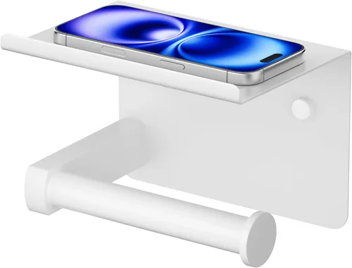 Vista 12 de Portarrollos de papel higiénico con estante, montaje en pared adhesivo o con tornillos, portarrollos de papel higiénico para baño, dispensador
