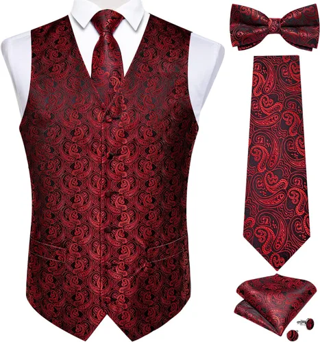 Vista 31 de DiBanGu Conjunto de 5 chalecos de seda con corbata y corbatín para hombre Paisley oro negro