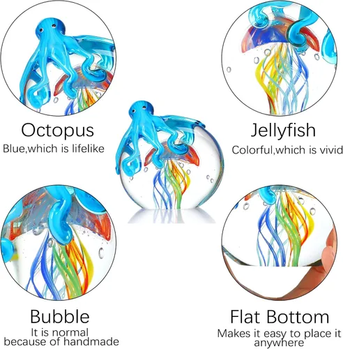 Vista 3 de QFkris Figuras coloridas de cristal de pulpo y medusas, coleccionables, hechas a mano, adorno de pisapapeles de vidrio de animales marinos