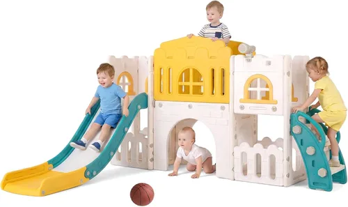 Vista 16 de OLAKIDS Tobogán para niños pequeños, 6 en 1 para interiores y exteriores, con aro de baloncesto, telescopio, almacenamiento de juguetes para niños