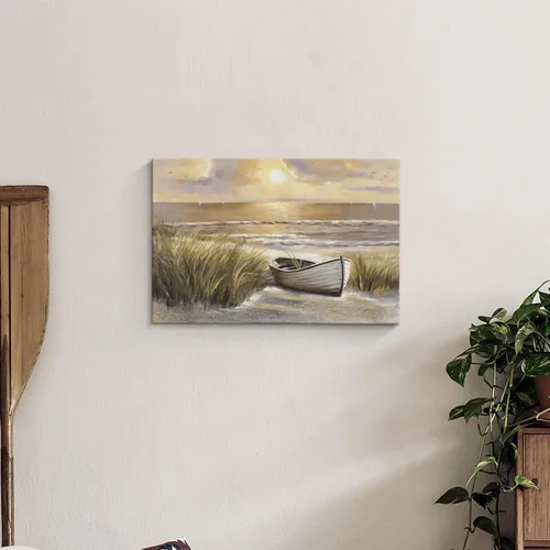 Vista 3 de arttitue Lienzo decorativo para pared de playa: baño, puesta de sol costera, paisaje, océano, mar, escena, obra de arte, paisaje marino, barco