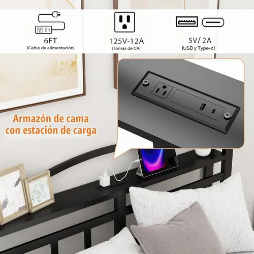 Vista 4 de Base de cama Queen con estación de carga y cabecero de 14 pulgadas, base de cama de metal grueso, base de colchón resistente, no necesita somier