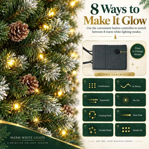 Vista 5 de Árbol de Navidad artificial esmerilado preiluminado con piñas, 7.5 pies Verde con piñas