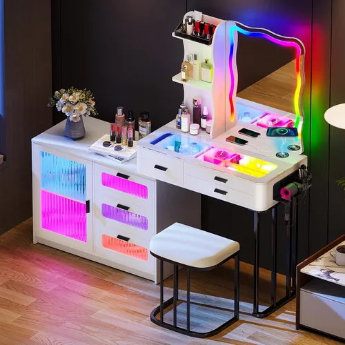 Vista 9 de Lvifur Escritorio de tocador 3 en 1 con espejo y luces, mesa de tocador de maquillaje con taburete acolchado, mesa de tocador compacta y escritorio