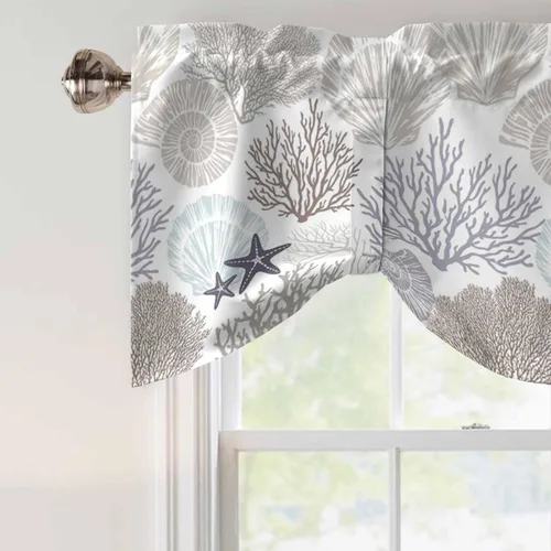Vista 6 de Cenefa de amarre para ventanas, cortinas náuticas costeras de coral, cenefas con bolsillo para barra, cortinas de ventana con temática de playa