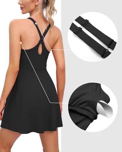 Vista 2 de Heathyoga Vestidos de tenis para mujer, vestido atlético con pantalones cortos debajo, vestido de entrenamiento con bolsillos, trajes de golf