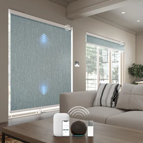 Vista 22 de Persianas inteligentes personalizadas de 110 pulgadas de ancho para ventanas grandes, persianas enrollables motorizadas 100% opacas compatibles