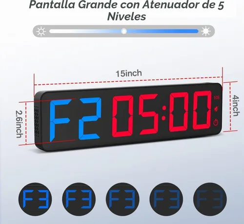 Vista 4 de Reloj de pared con pantalla LED grande de 15" para gimnasio Entrenamiento de intervalos en el gimnasio Cuenta regresiva y progresiva