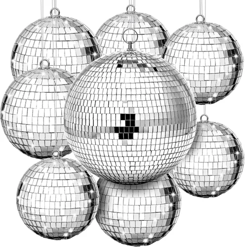 Vista 10 de Haull - Set de 8 bolas de discoteca grandes, bolas de espejo plateadas y reflectantes con anillo para colgar, ornamento para fiesta, decoración
