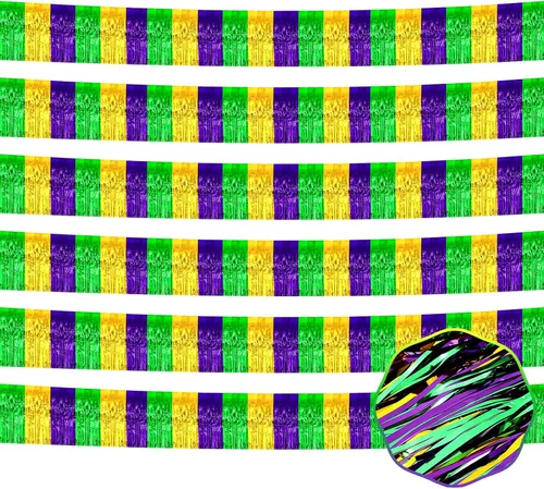 Vista 4 de Paquete de 6 guirnaldas de flecos de papel de aluminio negro de 10 pies con serpentinas metálicas de oropel para colgar en la pared, telón de fondo