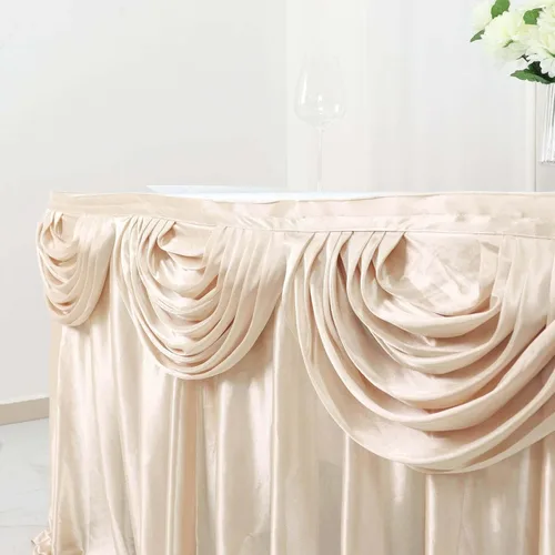 Vista 2 de Efavormart - Falda de mesa de satén beige para cocina, comedor, catering, boda, fiesta de cumpleaños, decoración de eventos, 14 pies